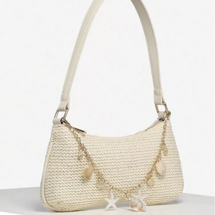 Fashionable Shell Pearl Straw Woven Underarm Bag, Stylish Casual Versatile Commuter Bag, Niche High-End Shoulder Bag