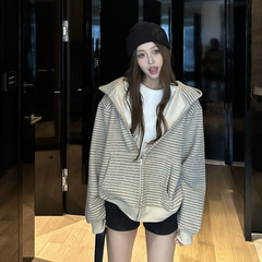 韩系慵懒风撞色条纹连帽拉链卫衣外套女秋季小众百搭宽松显瘦上衣
