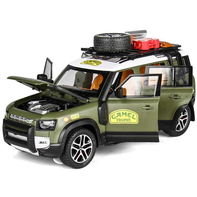 Modelo de coche de aleación de arte famoso 1:22 Land Rover Defender Vehículo todoterreno Copa de camello Retract Sound Light Modelo de coche Decoración de juguete