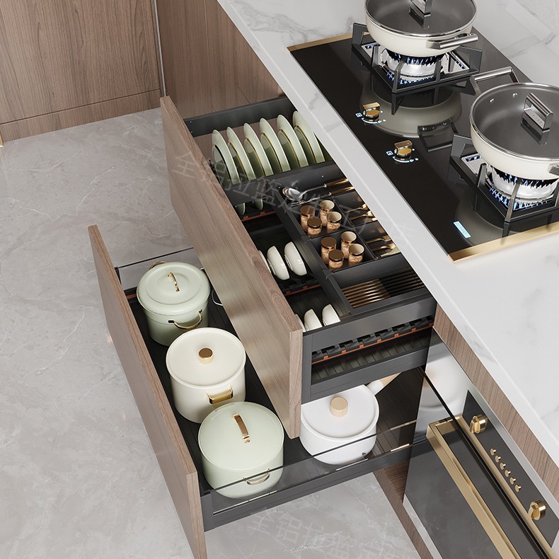 Directamente de la fábrica, estante de almacenamiento de aleación de aluminio con cajones extraíbles de doble capa para gabinete de cocina, cesta para platos, cesta de tres niveles.