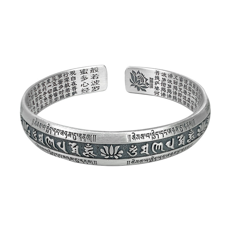 Pulsera con Mantra de los Seis Términos del Sutra del Corazón, Plata Pura 999, Unisex, para Parejas, Estilo Vintage, Abierta