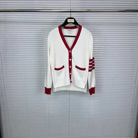 厂家直销TB秋季新款学院风撞色四杠条纹针织长袖开衫下摆不对称潮