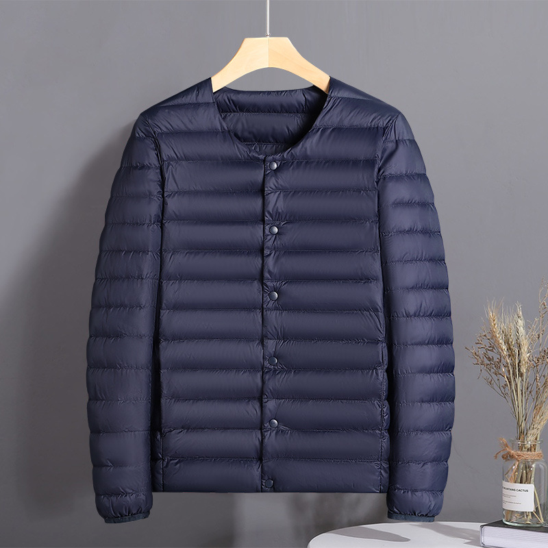 Chaqueta de plumón ligera transfronteriza para hombres y mujeres de otoño y invierno, chaqueta de abrigo caliente sin cuello, revestimiento de plumón ligero inferior se puede abrir