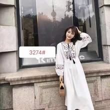 春秋旅行超仙民族风棉麻绣花白连衣裙长裙时尚气质短袖显瘦藏青