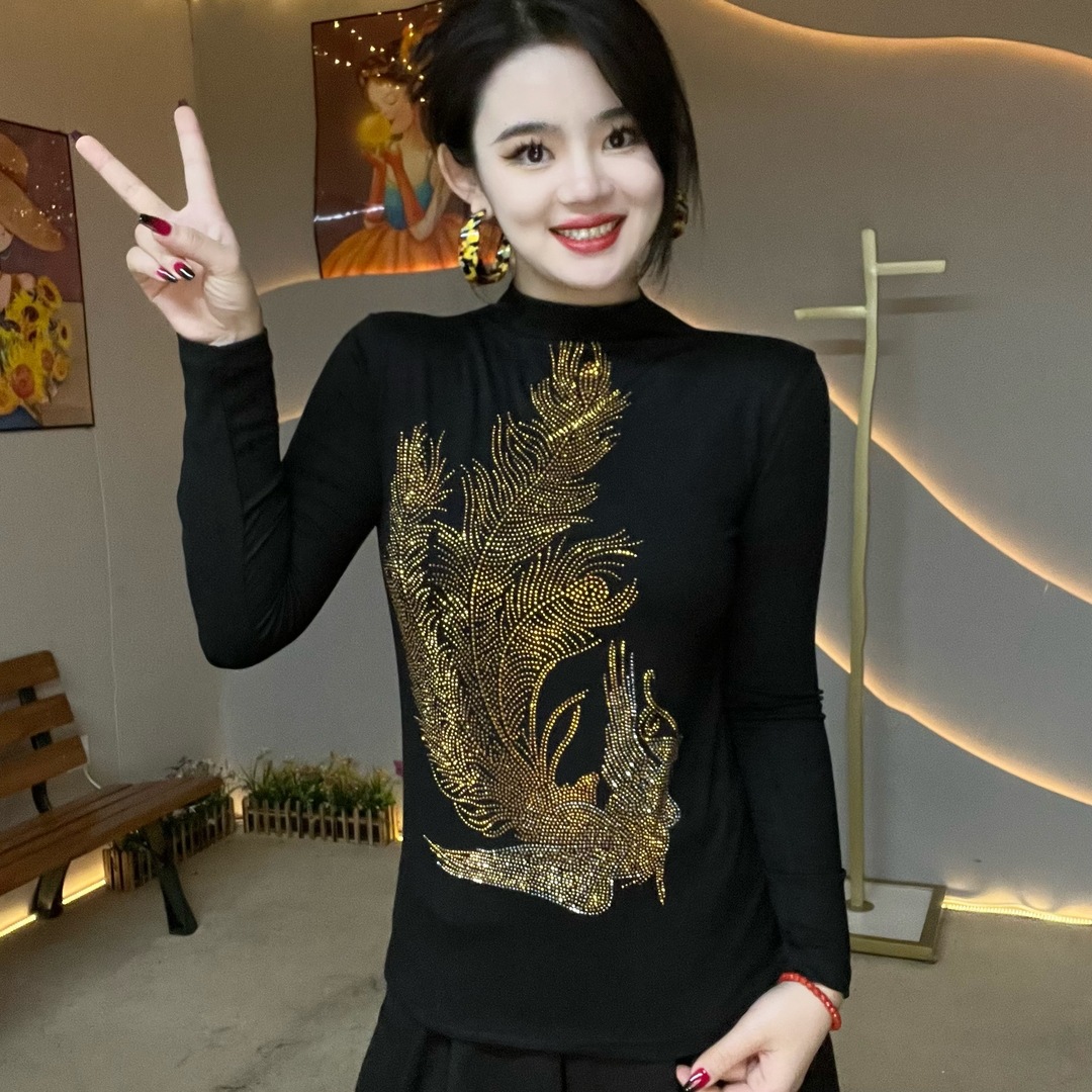 春秋新款打底衫女装内搭半高领感气质重工烫钻长袖T恤女上衣