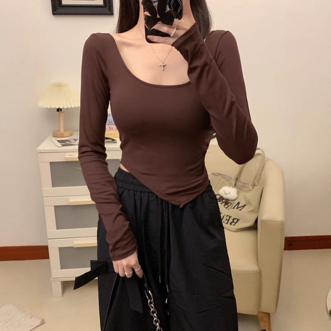 A087#人棉长袖t恤秋冬新款修身显瘦打底衫上衣方领内搭垫款不对称