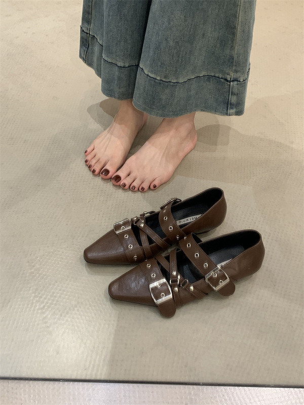 粗跟法式朋克芭蕾风黑色方头单鞋女2025春秋新铆钉皮带扣玛丽珍鞋|undefined