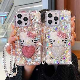 适用苹果16promax手机壳女iPhone15奢华水钻爱心14珍珠KT保护套13