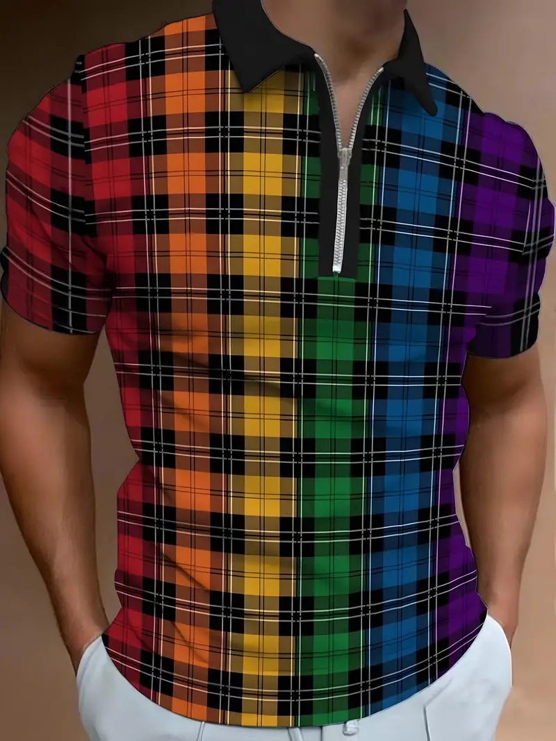 Camisa POLO de manga corta con cremallera de solapa suelta casual de todo fósforo para hombre con estampado 3D cuadrado de color retro clásico simple