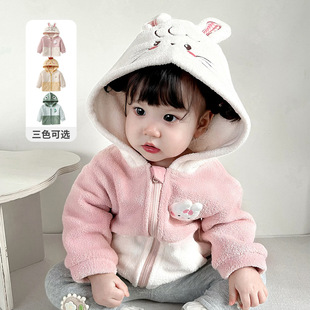 2025 Children's Baby fleece-lined Cute Rabbit Coat 3876 Autumn and Winter Girls' Small Dinosaur Thickened Warm Outer Wear Top