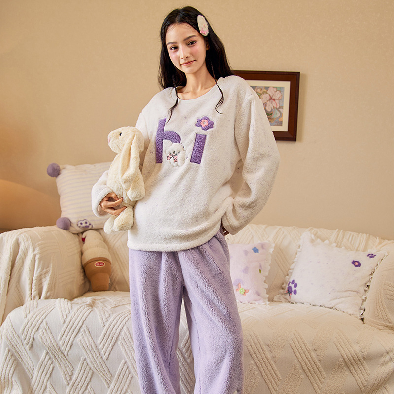 Verneis Fleece-Lined Warm Pajamas Round Neck Pullover Autumn and Winter New Coral Velvet Suit Women's Lazy Home Clothes