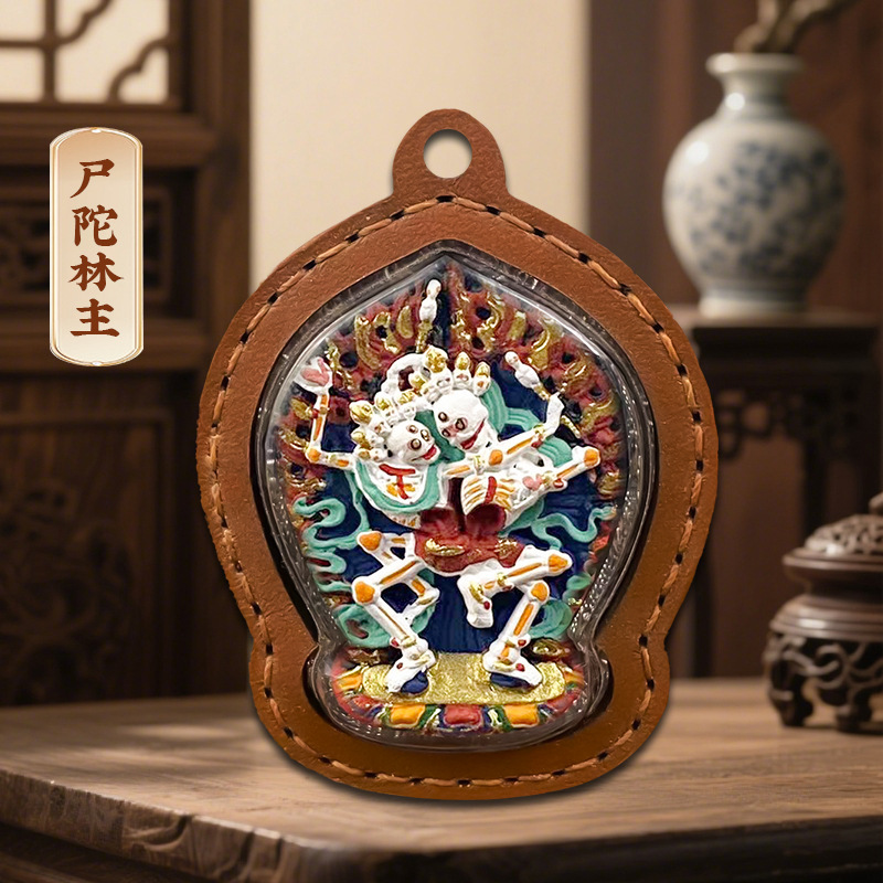 六臂绿度母五爷扎基拉姆黄财神皮壳嘎乌盒立体手绘擦擦唐卡吊坠|undefined