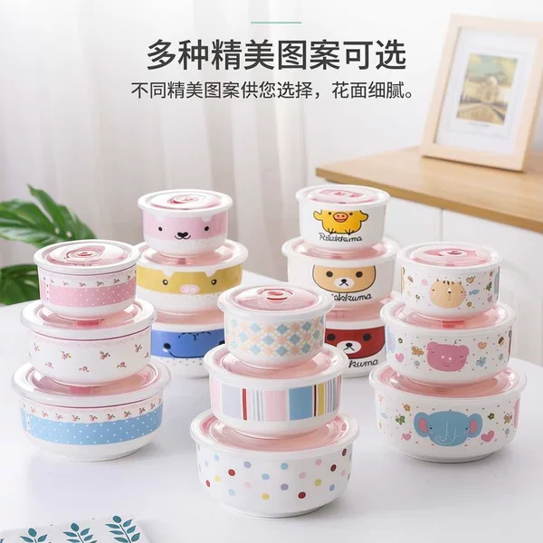Ceramic food storage bowl three-piece set, microwave lunch box with lid, refrigerator lunch container, sealed tableware, large dormitory instant noodle bowl