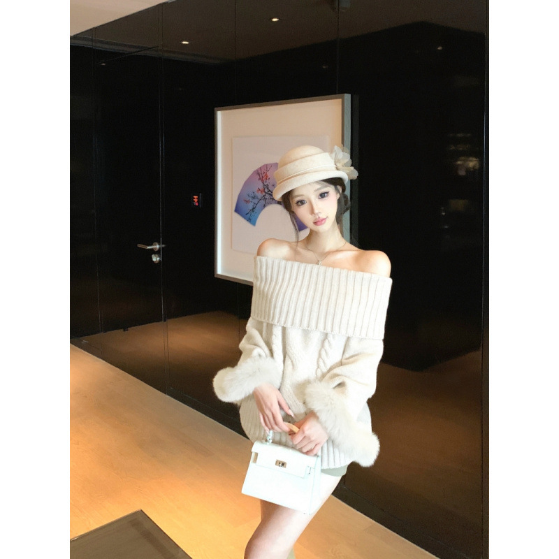 昕可达【京洛佳人】袖口狐狸毛高领羊毛混纺麻花针织上衣毛衣女|undefined