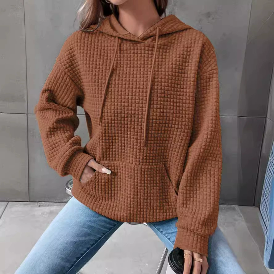 Новинка 2024 года: женская толстовка из вафельного трикотажа с круглым вырезом и длинным рукавом, однотонная, для женщин, весна-осень, для трансграничной торговли (Amazon, Европа, Америка)