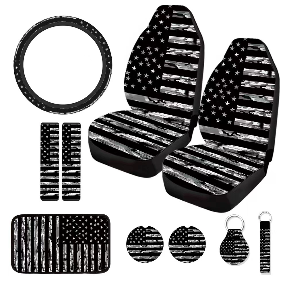 Трансграничный торговец Amazon Temu специализируется на чехлах для сидений General Motors, черно-белый камуфляж с американским флагом, набор из 10 предметов.