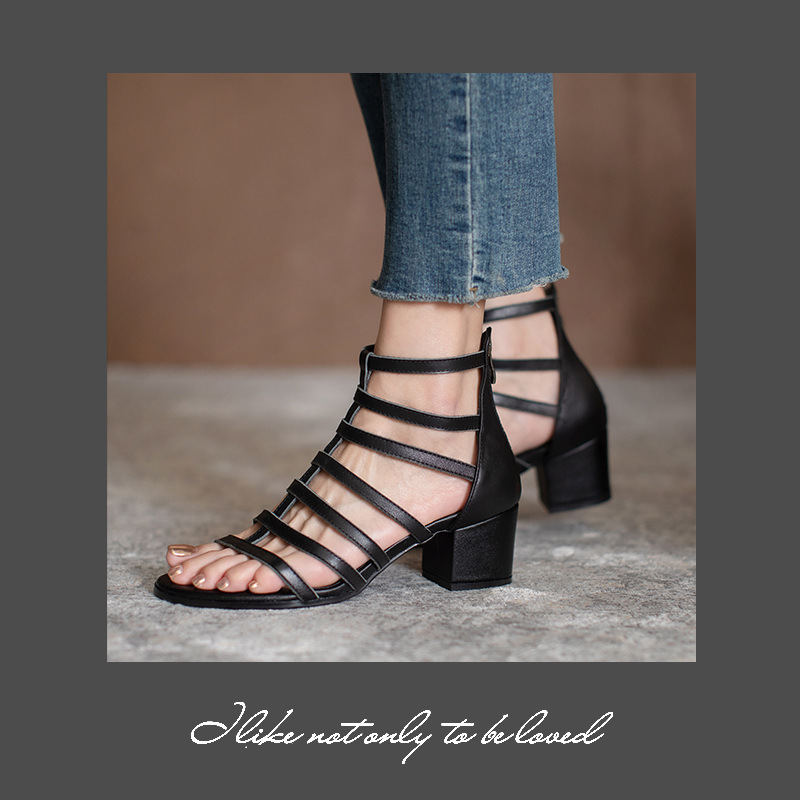 Sandal nữ cao gót siêu cao da bò kiểu La Mã cổ cao gót thô — Màu đen chi tiết 1