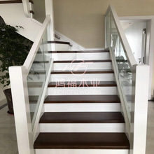 现代简约公寓酒店L型玻璃实木整梯 家用室内复式阁楼别墅楼梯
