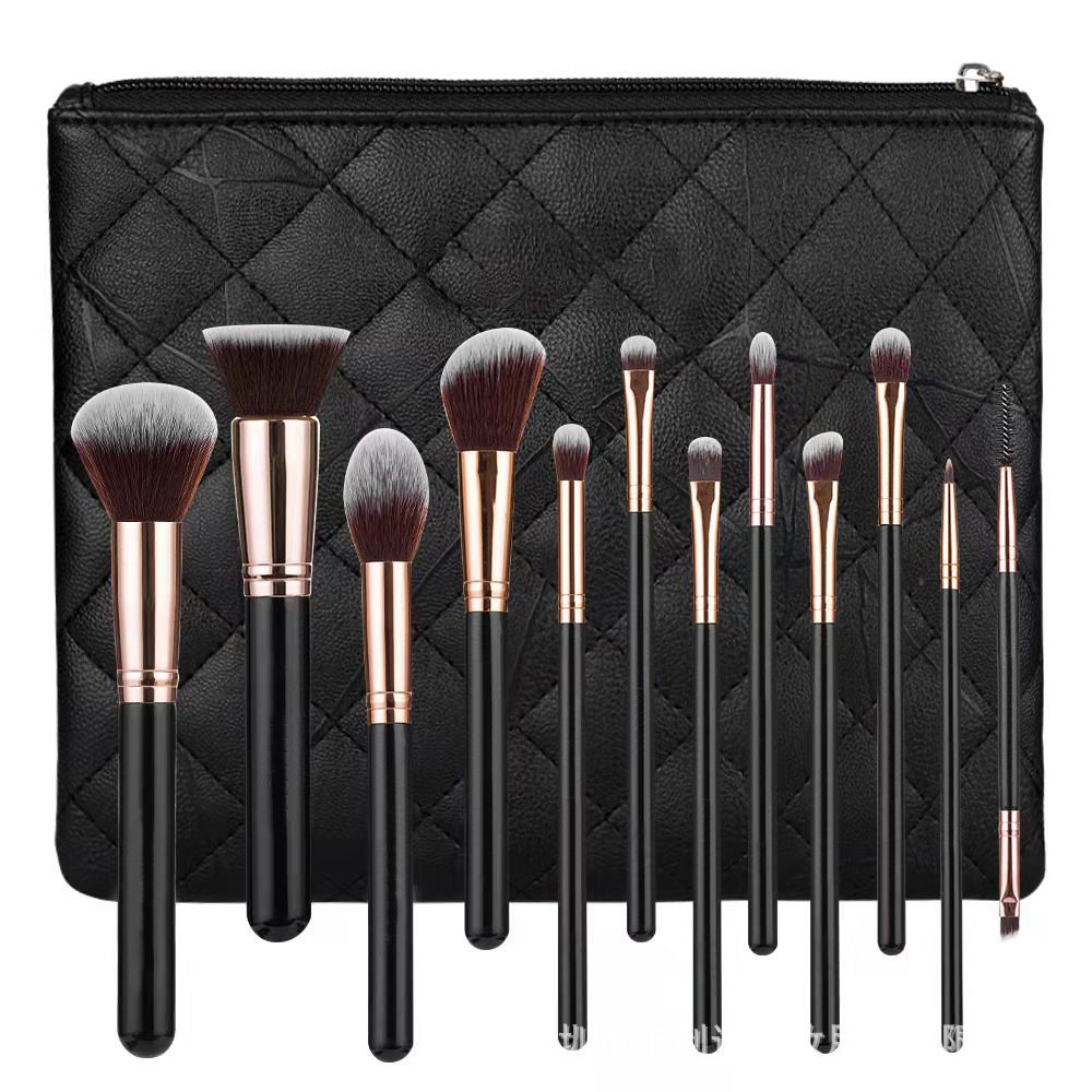 Transfronterizo 12 conjuntos de cepillo de maquillaje negro disperso cepillo de sombra de ojos PU barril cepillo blush herramientas de maquillaje al por mayor