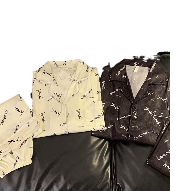 Estilo francés de alta calidad cartas par pijamas de primavera y otoño de seda de hielo de manga larga más tamaño real de seda hombres y mujeres traje de invierno