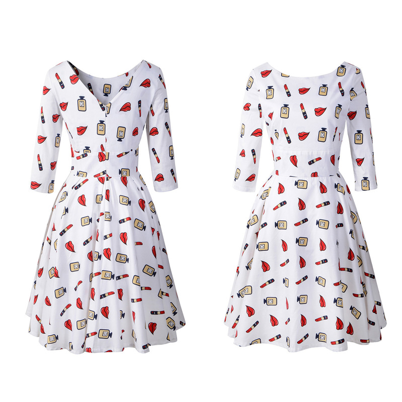 2022 Hepburn style Amazon autumn and winter 50 s retro dress three-quarter sleeve lipstick printing large swing dress