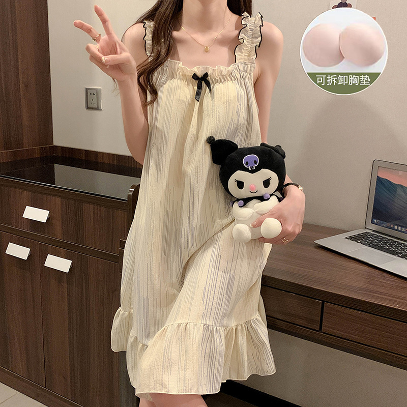 Fairy-Style Thin Polyester-Cotton Camisole Nightgown, Lazy Style, Breathable for Summer, Can Be Worn Outside, Girl's Home Wear, Sleeveless, Mid-Length