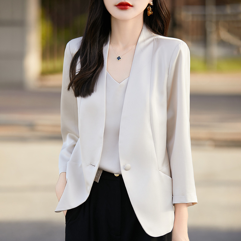 Collarless Acetic Acid Satin Small Suit Women's Summer Thin Solid Color Seven-point Sleeve Top Fashionable Casual Outer Wear Suit Cardigan
