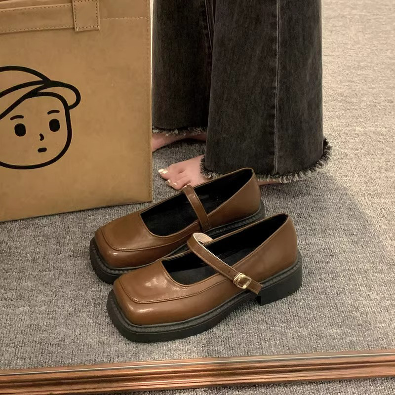 French Retro British Style Women's Small Leather Shoes 2024 Spring New Square Toe Mary Jane Shoes Low Heel Slip-on Flats