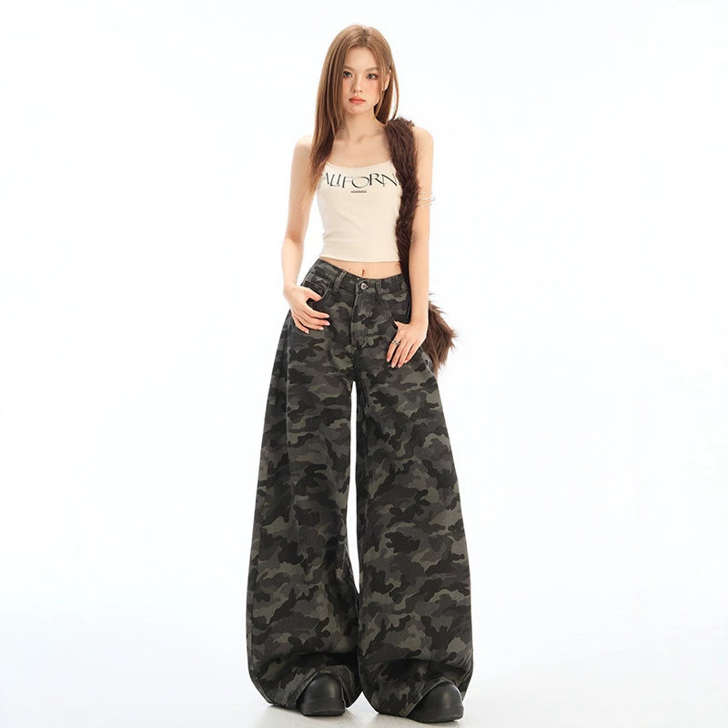 American retro loose casual camouflage wide-leg jeans for women, high-waisted, slimming, petite straight-leg floor-length wide-leg pants American retro loose casual camouflage wide-leg jeans for women, high-waisted, slimming, petite straight-leg floor-length wide-leg pants