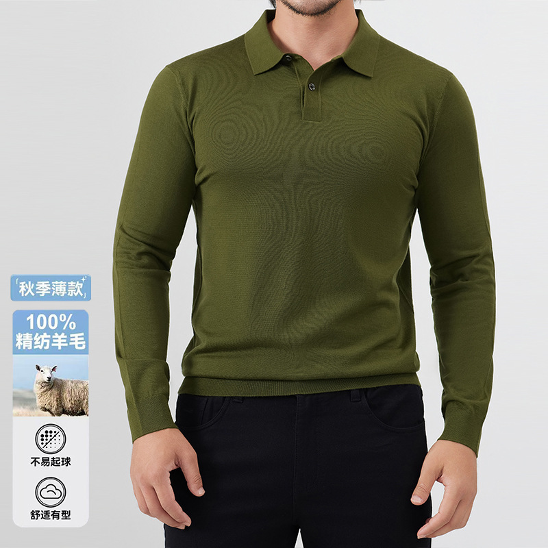 Machine Washable Thin Long Sleeve Wool Sweater Men's Worsted Wool Polo Shirt high quality Fashion Lapel Knitted Sweater