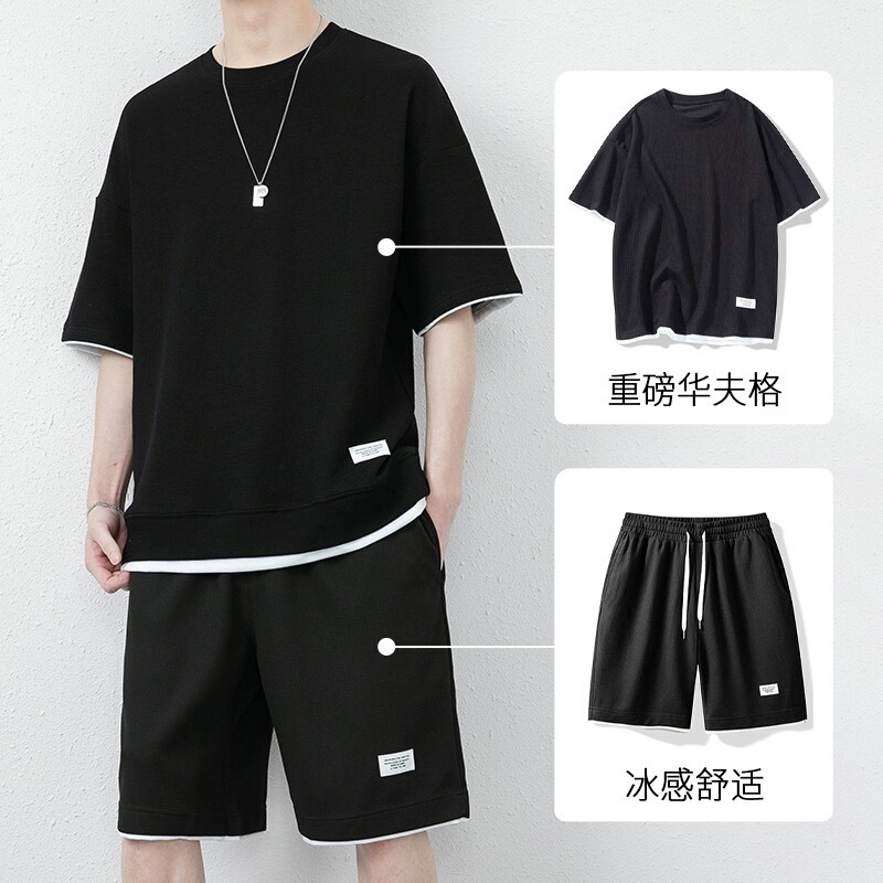Casual Sports Suit for Men in Summer, Icy Trend, Loose Waffle Short-Sleeved Shorts, a Set of Clothes, Handsome Matchinging