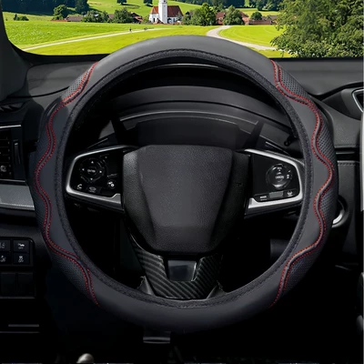 Cross-Border Amazon Car Steering Wheel Cover, Corrugated Sports Style, Non-Slip, Sweat-Absorbent, No Inner Ring, Artificial Leather Handle Cover (Steering wheel cover) - red-38cm