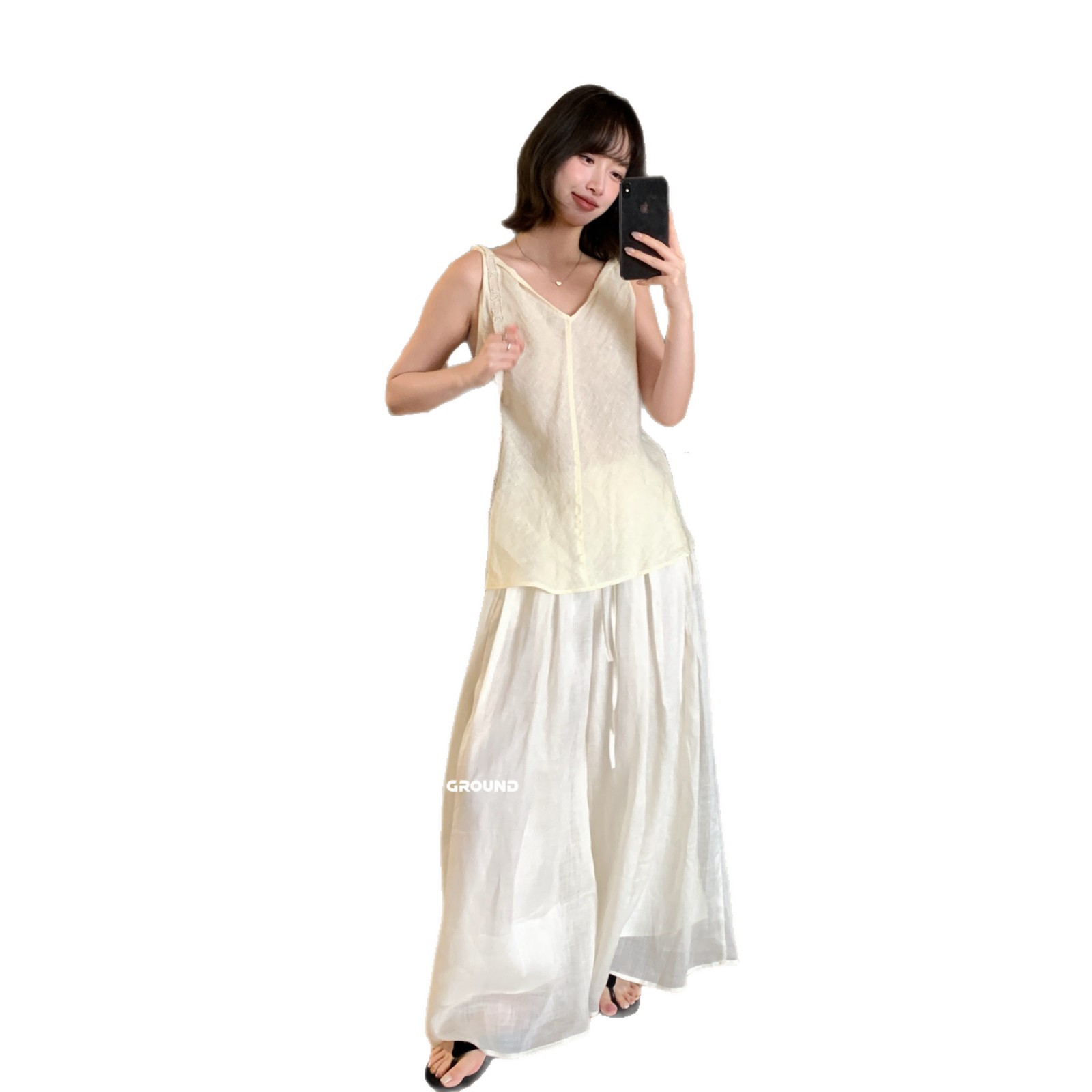 Quần culottes ống rộng chất liệu ramie mát mẻ, cạp chun, phong cách nghỉ dưỡng — màu hồng, Màu xanh sữa, màu mơ