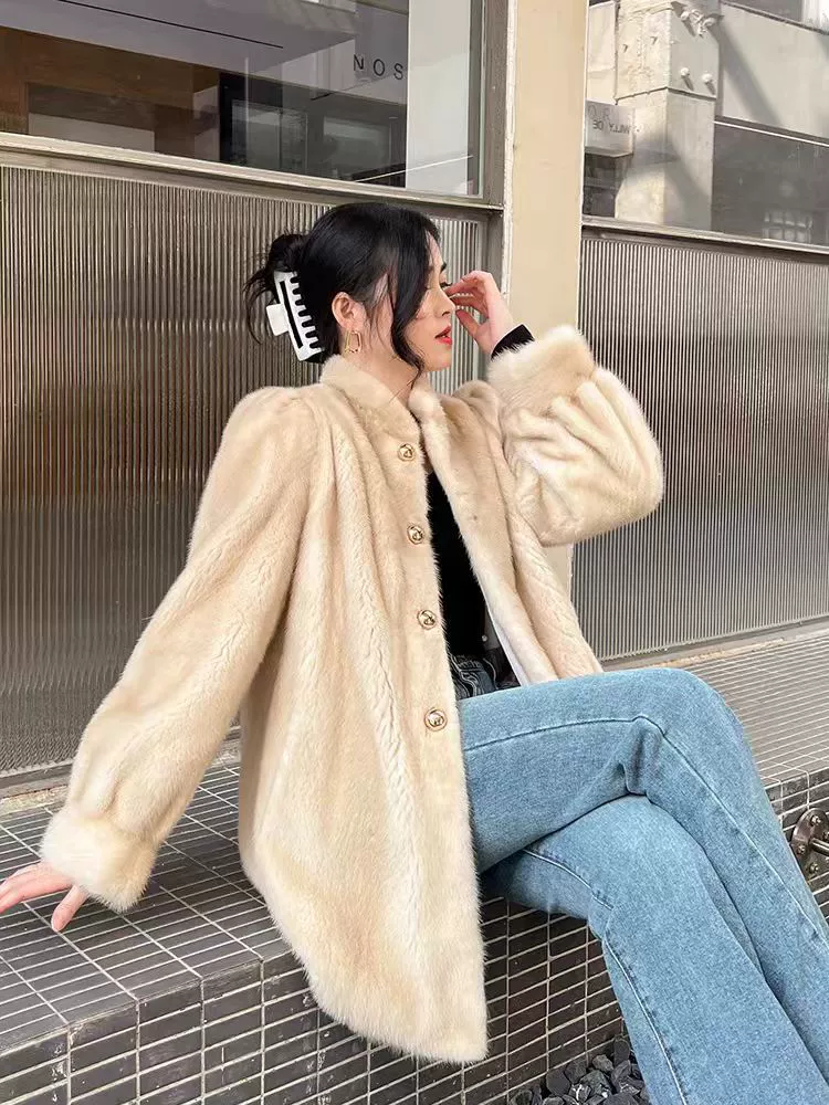 Mink fur coat, 2025 eco‑friendly thickened medium‑length integrated design for women