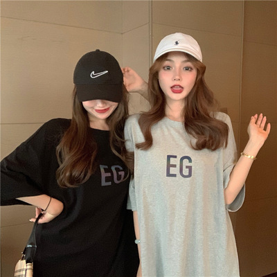 Spring and summer 2021 new T-shirt women's loose medium length reflective letter net red lower garment missing best friend fashion