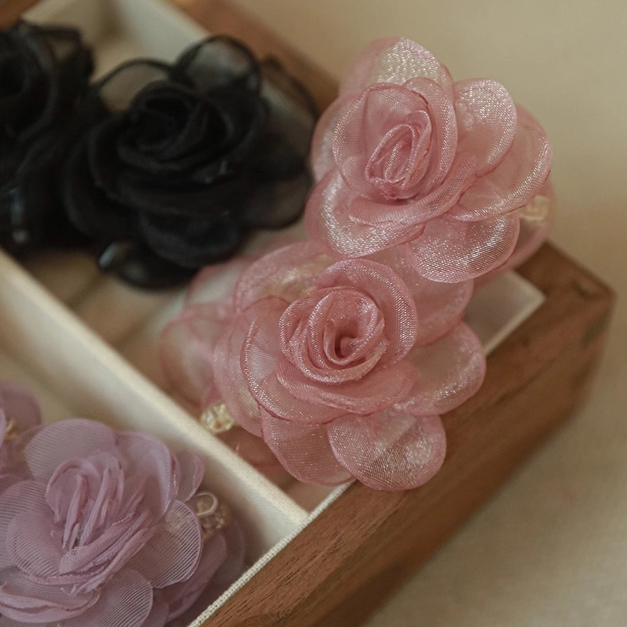 超仙網紗花朵劉海小抓夾2025新款高級感山茶花夾子頭飾新中式髮夾