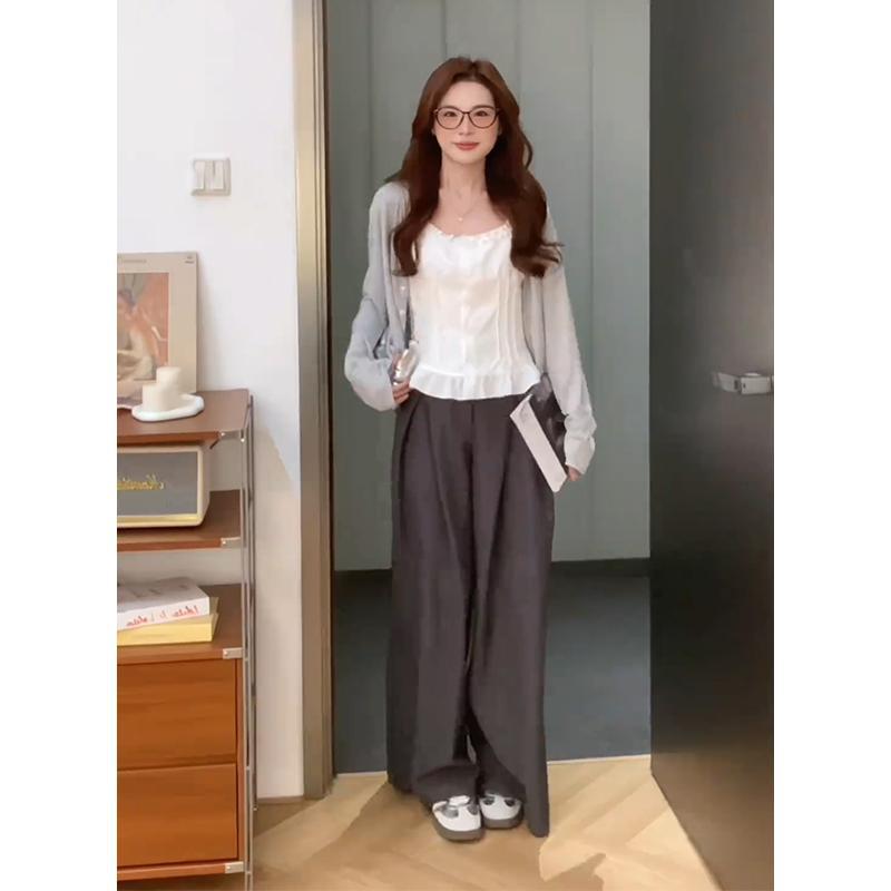 白色吊带防晒开衫外套女新款早秋轻薄上衣搭休闲裤三件套|undefined