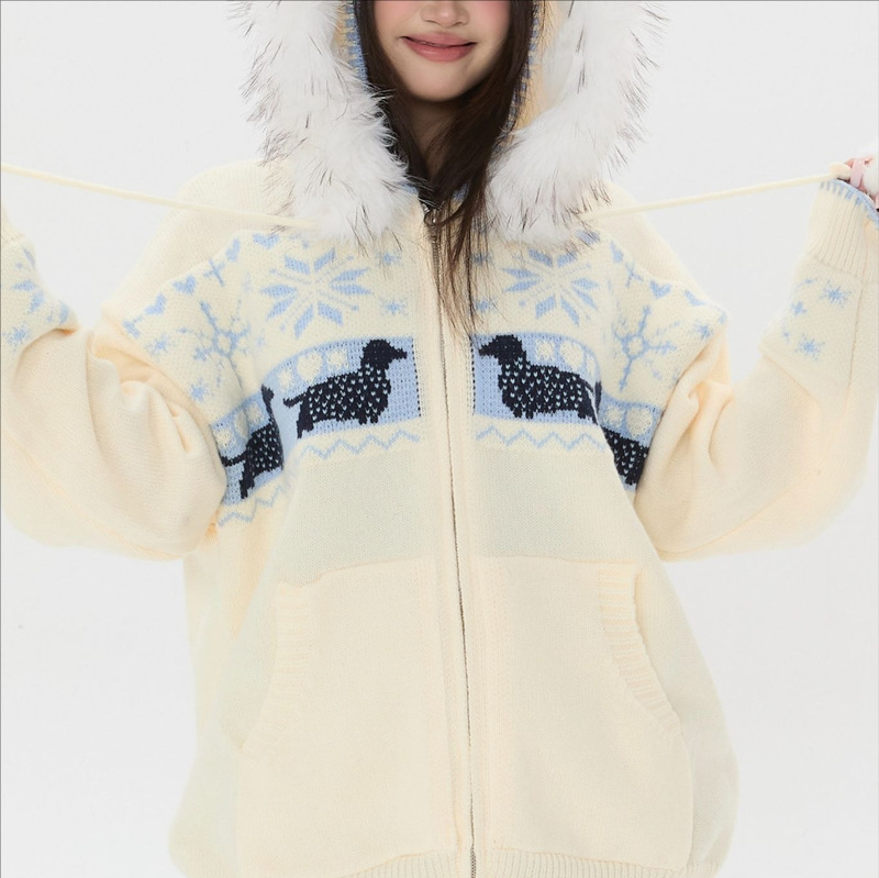 American-Style Fair Isle Jacquard Sweater with Fur Collar, Autumn and Winter Niche Knitwear Top American-Style Fair Isle Jacquard Sweater with Fur Collar, Autumn and Winter Niche Knitwear Top