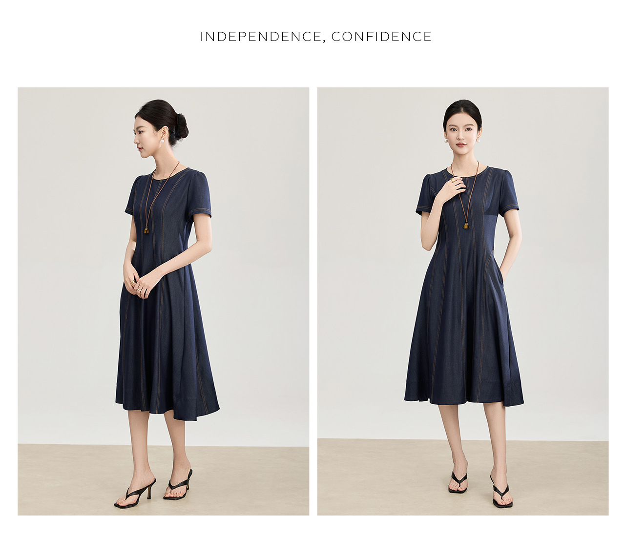 Đầm denim nữ tay ngắn thắt eo phong cách vintage chất liệu tencel cotton thoáng mát — màu xanh đậm chi tiết 13