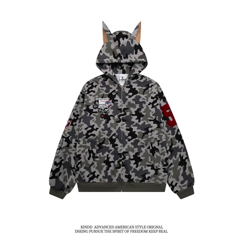 Camouflage Hooded Sweatshirt for Men and Women, Trendy Brand, Loose Fit, Couple Style, with Ears, Spring and Autumn Zip-Up Sweatshirt