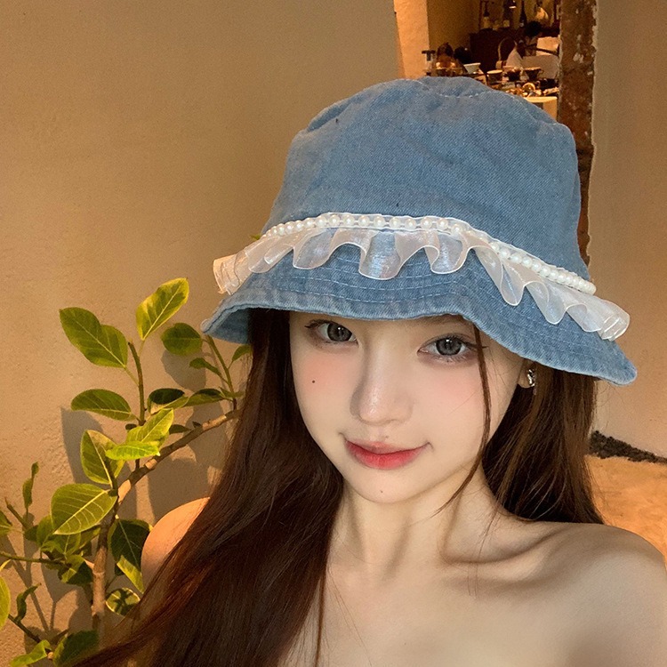 Ballet de encaje sombrero de vaquero sombrero de pesca de hadas perlas primavera y otoño protección solar versátil sombrero de balde para mujeres