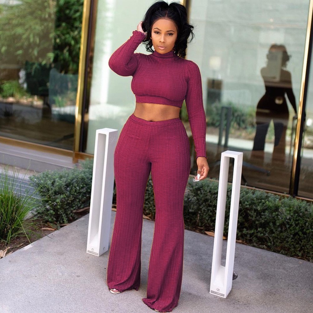 Amazon cross-border supply European and American women's cotton pit sexy long-sleeved waist wide-leg pants turtleneck sweater two-piece set
