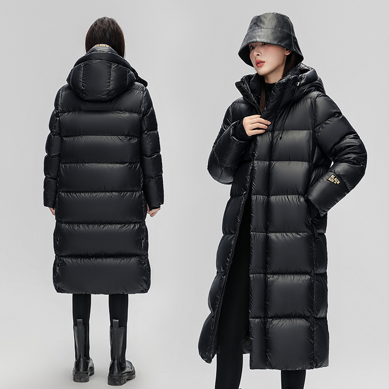 Premium Black and Gold Hooded down Jacket for Women, Long Style, Winter 2025, High-Quality, Warm, White Goose down