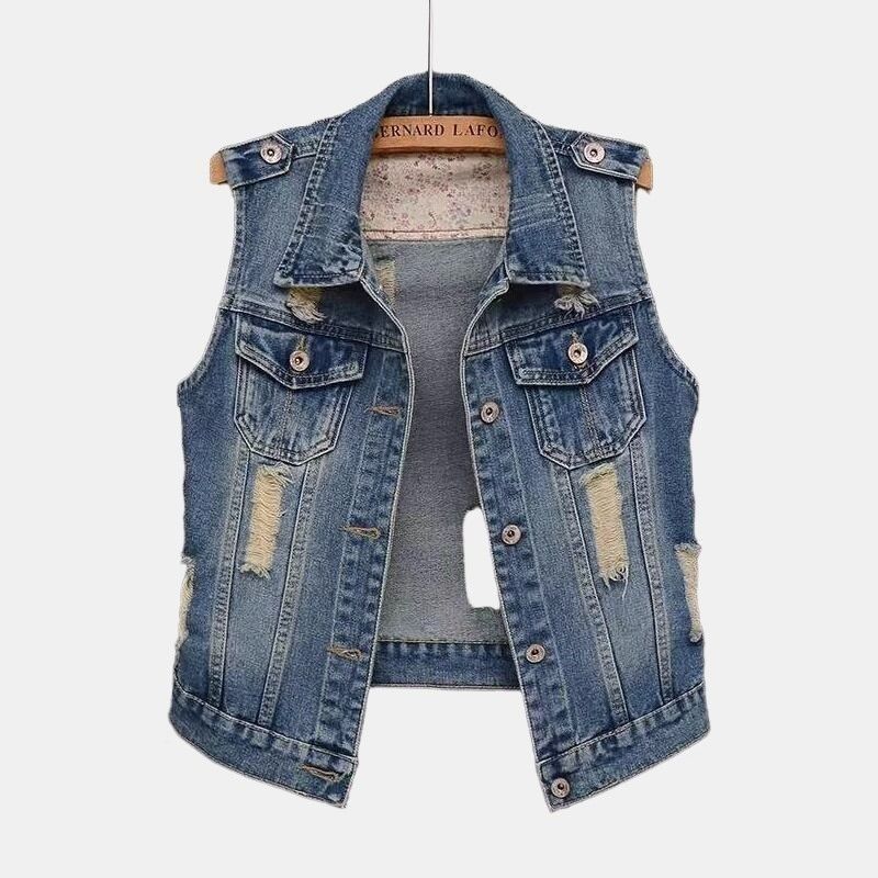 Denim Vest Women's Summer New Short Korean Style Washed Ripped Waistcoat Slimming All-match Sleeveless Jacket Vest Top