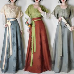 中国オリジナル唐漢服【長楽】敦煌プリント唐服ラウンドネックシャツ腰丈8破群春秋スタイル
