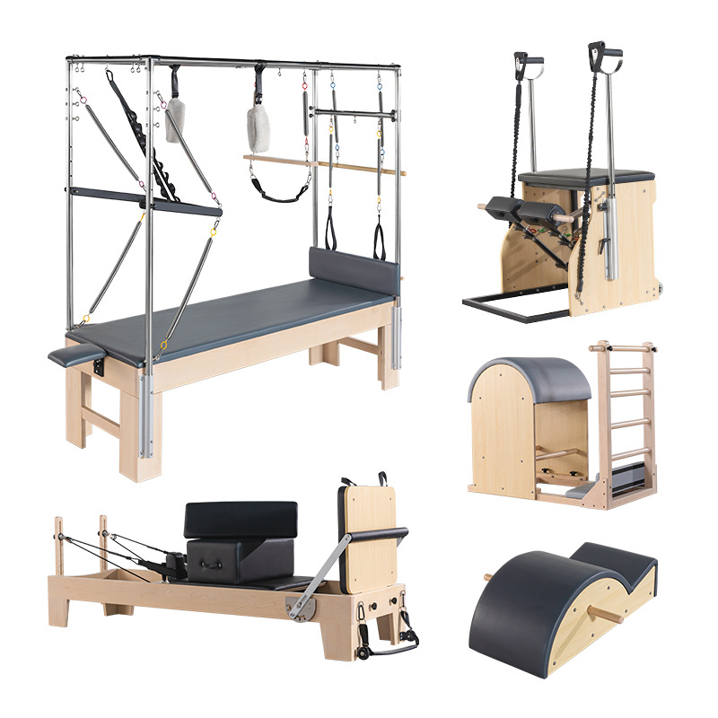 Estudio de yoga traje de cinco piezas equipo de pilates, barril de escalera, silla de pedal estable, cama central de pilates de arce Cadillac de roble