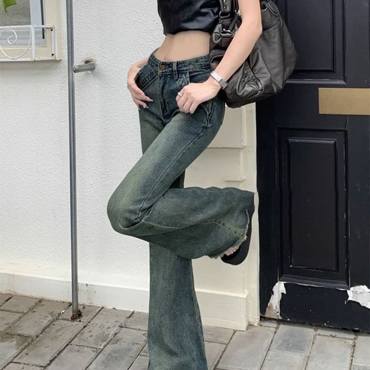 Vintage Fringe Micro-Lar Jeans Women's High Waist Summer plus size chubby girl Loose Slimming Pear-Shaped Trumpet Pants