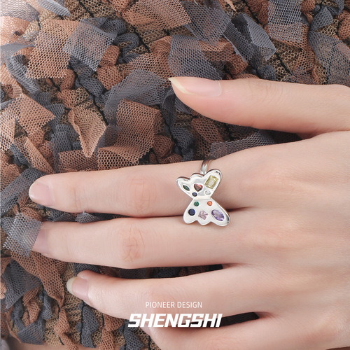Korean version of niche colored diamond love butterfly ring for women niche high-end light luxury cool style non-fading adjustable ring