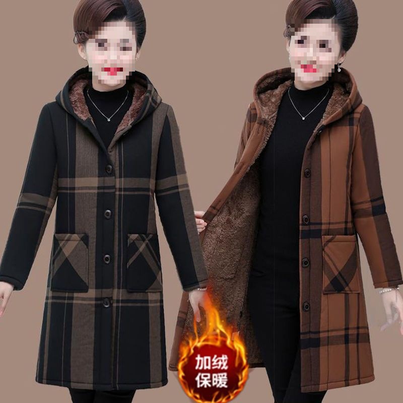 中老年女装秋冬季加大码棉服胖妈妈格子棉衣加绒加厚奶奶棉袄外套