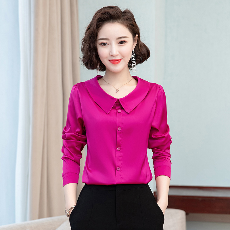 Doll collar shirt for women 2023 autumn new high-end satin shirt pullover top red fashionable small shirt
